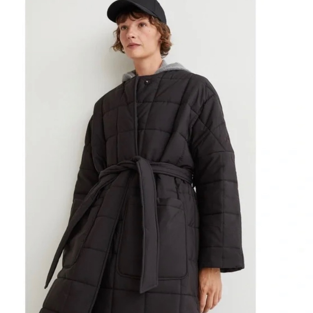 Black Oversized Quilted Coat with Belt Conscious Puffer